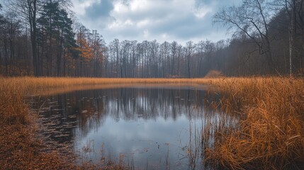 Tranquil wide shot of brown reeds in a pond, surrounded by bare trees under a cloudy sky.