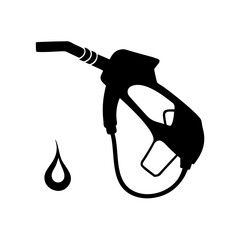 Black and white icon of a fuel pump nozzle with droplet