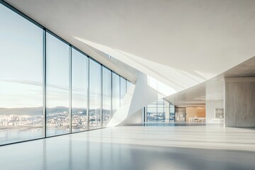 Obraz premium A modern, open-plan office space with panoramic city views.