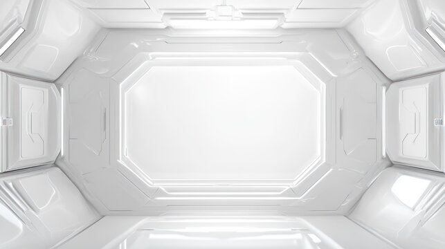 Futuristic white corridor inside a spaceship or station, clean and mod