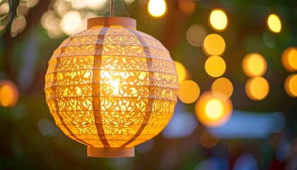 Obraz premium Illuminated Paper Lantern With Intricate Design Hanging Outdoors At Night