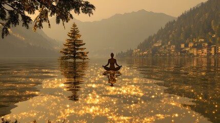 landscape with a silhouette in cobra pose surrounded by stars