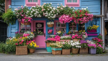 Colorful flower shop facade adorned with vibrant blooms in baskets and hanging planters