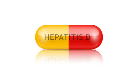 Medical pill Hepatitis D infectious disease. Capsule drug yellow red painkiller, antibiotic isolated on white background. Medical pharmaceutical and treatment concept. 3d realistic vector.