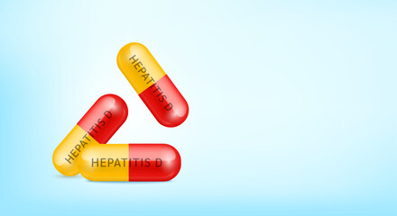 Medical pill Hepatitis D infectious disease. Capsule drug painkiller, antibiotic falling isolated on blue background with copy space for text. Medical treatment concept. 3d realistic vector.