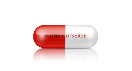 Medical pill Chronic kidney disease. Capsule drug antihypertensive red white painkiller, antibiotic isolated on white background. Medical pharmaceutical and treatment concept. 3d realistic vector.