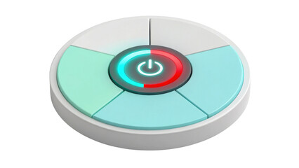 Smart round remote control with colorful segmented buttons and illuminated power symbol, designed for easy operation and modern technology use