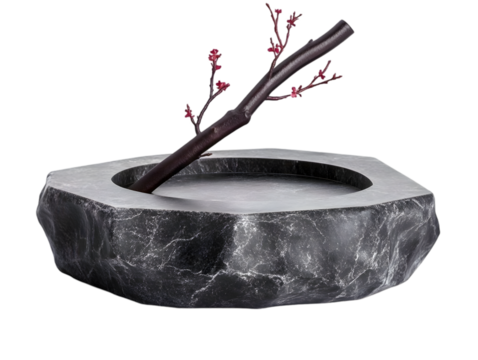 Dark Grey Stone Bowl With Red Branch Isolated Transparent Background Illustration