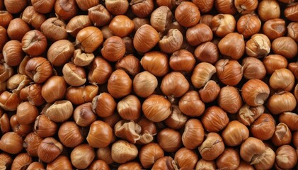Obraz premium Close-up of shelled hazelnuts, light brown, some broken pieces visible , unpeeled, background