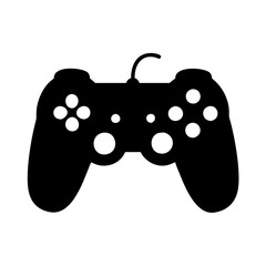 Black and white illustration of a wired game controller for entertainment