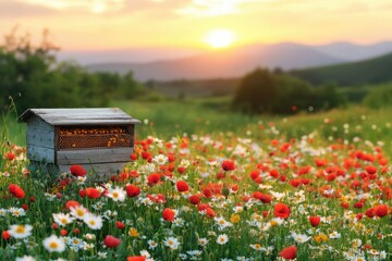 A rustic beehive sits amidst a vibrant field of wildflowers at sunset, showcasing the beauty of nature and beekeeping.