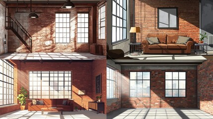 Four views of a stylish loft apartment with exposed brick walls, large windows, and sunlight.