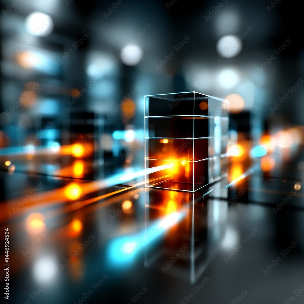 Poster Abstract Light Beam Through Glass Cube Reflecting on Dark Surface, with bokeh background creating a modern, futuristic vibe.