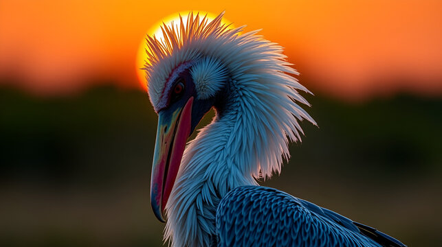 A majestic bird preening its feathers with its beak under a glowing sunset, showing the intricate details of each feather