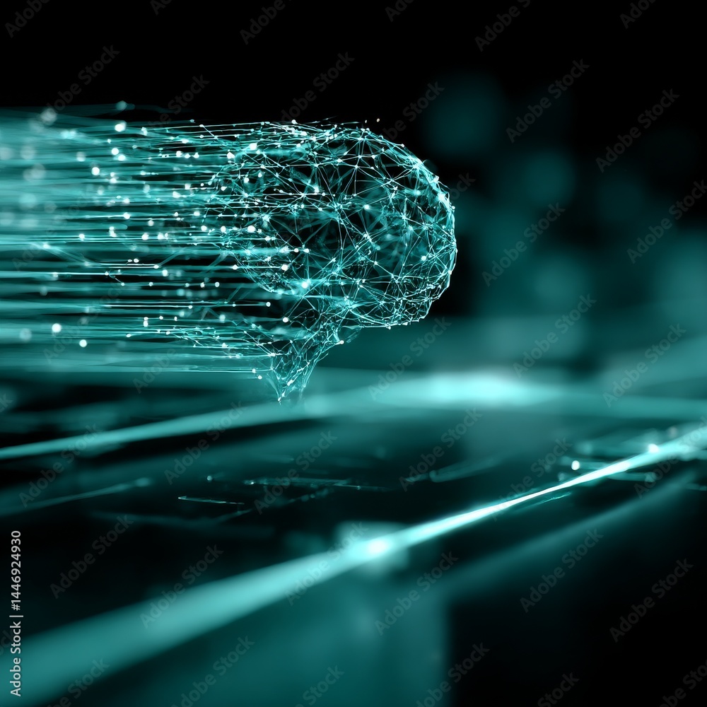Aufkleber Artificial Intelligence Brain Network Speed Concept, Cyan Digital Data Flowing Fast with Futuristic Design.