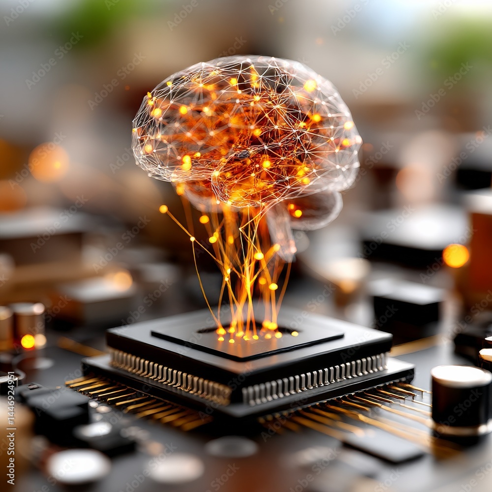 Fototapete artificial intelligence conceptualization: brain connected to microchip on a motherboard