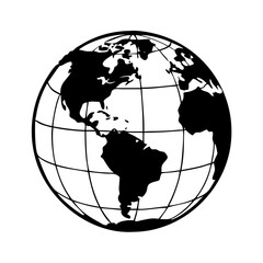 Simple Black and White Globe Depicting Continents and Grid Lines