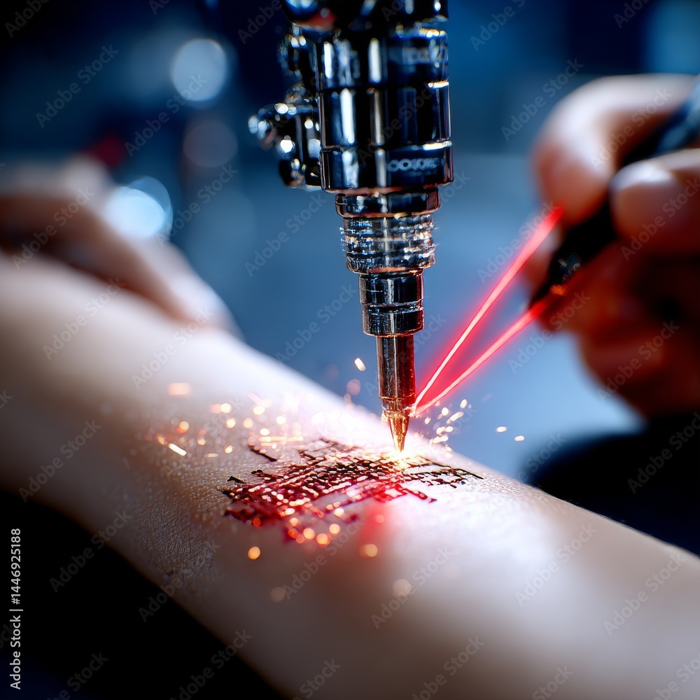 Aufkleber automated tattooing: robotic arm laser precision applying complex design to human skin with sparks a