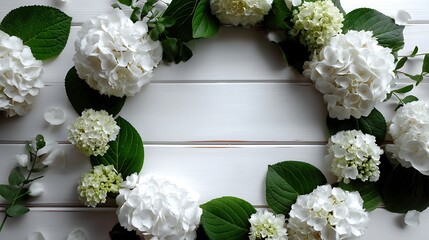 Top view floral frame with white wooden background flatlay flower border minimal botanical poster natural flower mockup