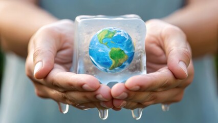 A person holds a melting ice cube with a globe inside, symbolizing climate change and environmental awareness.