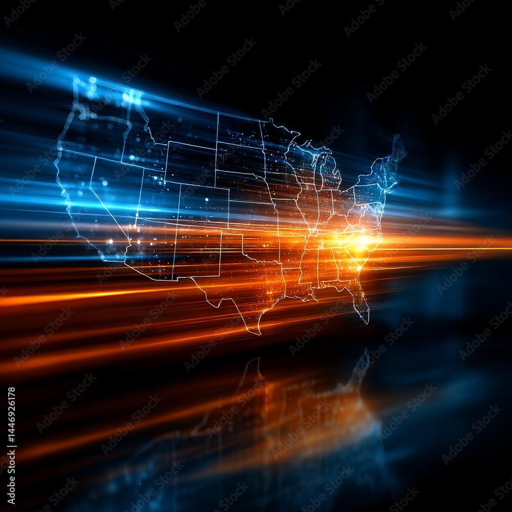Poster futuristic usa map with glowing trails, data flow visualization, abstract technology concept