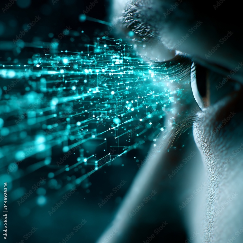 Aufkleber human eye connected to digital networks represented by luminous turquoise data streams, futuristic t