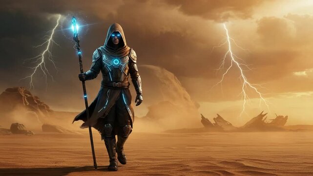 Armored wizard walking desert amid lightning storm