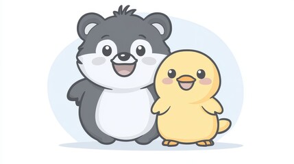Cartoon animal friends illustration featuring a smiling bear character and a cute yellow chick character with adorable expressions and soft pastel background