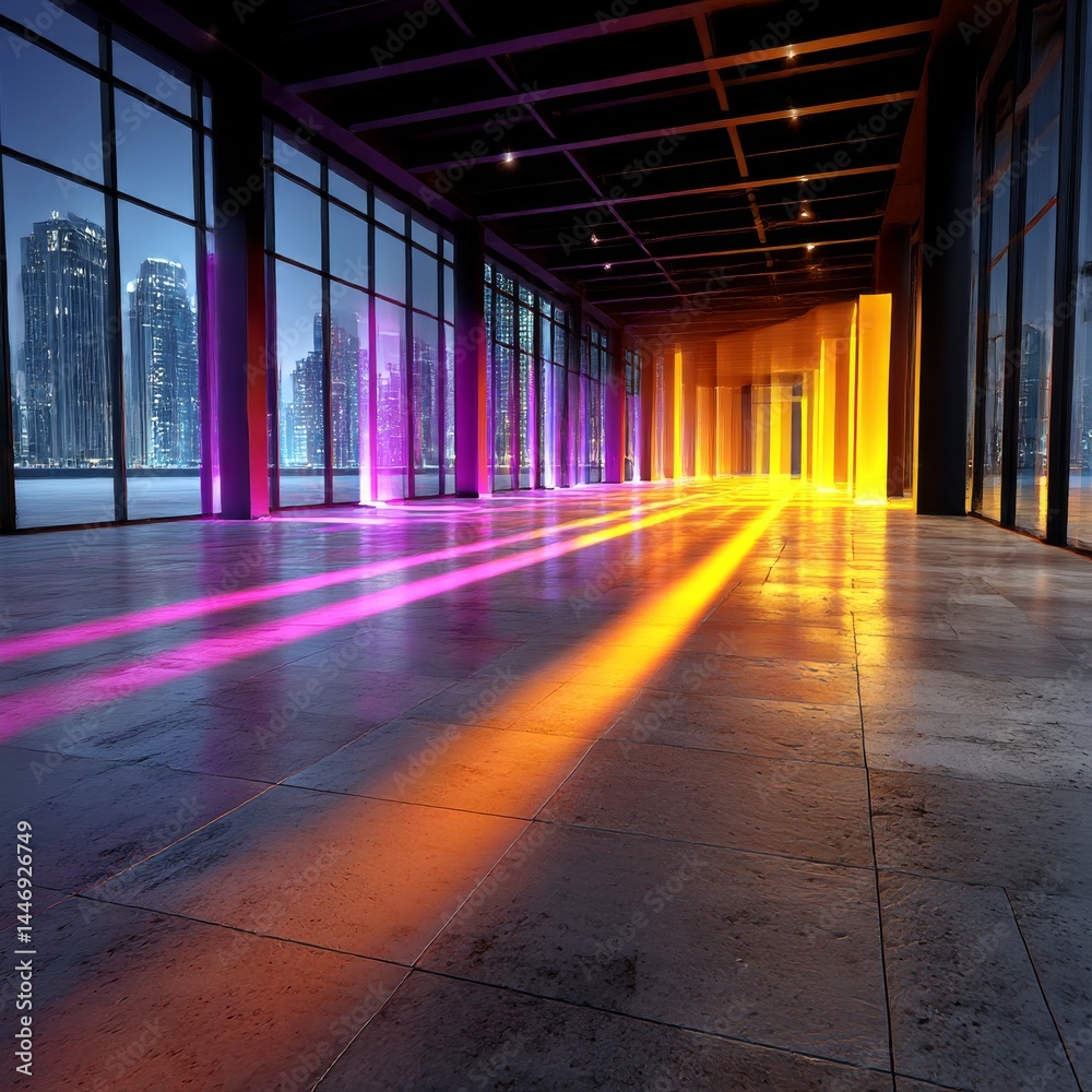 Aufkleber modern architecture with cityscape view and colorful lighting in a spacious interior