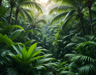 Lush green jungle canopy featuring towering palm trees, capturing the vibrant and serene essence of