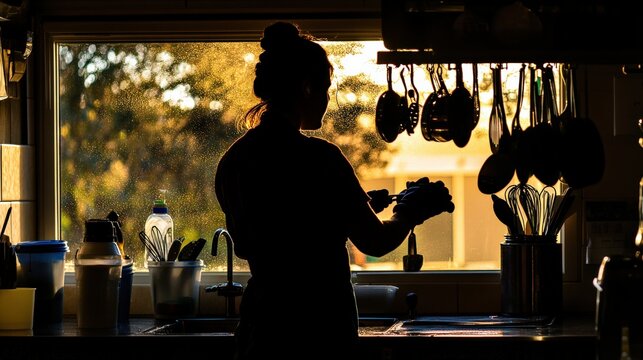 Silhouette of a woman preparing food in a warm kitchen setting