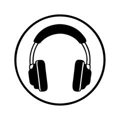 Black and white outline of studio headphones in a circular frame art