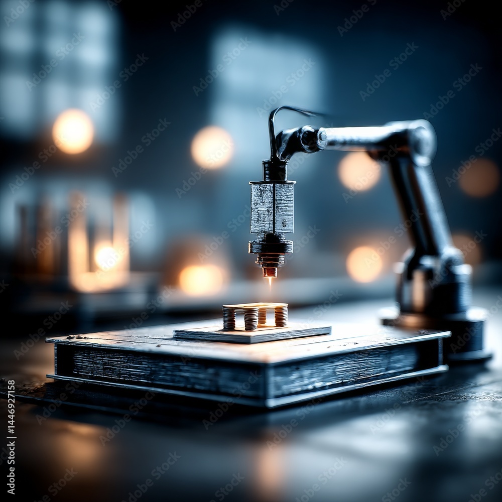 Poster precision welding robot assembling small metal parts on a metallic surface in a darkened industrial 
