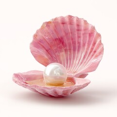 Fototapeta premium A lustrous pearl rests within a delicate, pink seashell, a symbol of beauty and serenity against a clean white background.