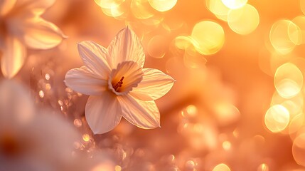 Obraz premium Soft white flower glowing in warm golden light with dreamy bokeh background