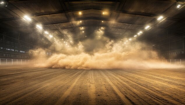 A large cloud of dust billows in the center of a dimly lit indoor arena