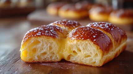 Golden, fluffy, pastry buns, filled with creamy yellow custard, dusted with sugar