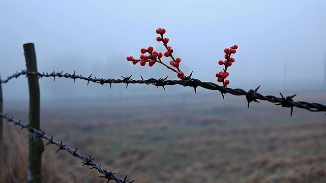 Barbed wire fence with vibrant red berries in a foggy landscape, creating a serene atmosphere