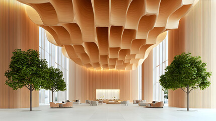 Modern Wood Interior with Unique Ceiling Design in Spacious Lobby