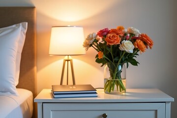 Bedside table with lamp, book, and flowers in vase