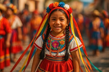 A joyful young girl in traditional attire with colorful ribbons smiles brightly, celebrating her culture during a vibrant festival.