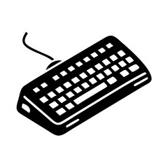 Black and white illustration of a computer keyboard with cable attached