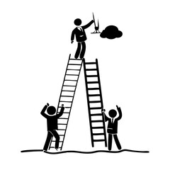 Businessmen climb ladders of success to reach goals and cloud computing