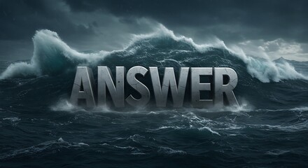 Ocean Wave Crashing Under Dark Sky with Large Stone Letters