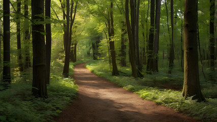 Obraz premium Lush forest trail sunlight shining through trees leading towards a bright and peaceful landscape scenery.