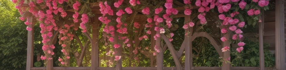 Abundant pink blooms cascade down aged wooden trellis, bathed in warm sunlight ,  sunlight,  romantic