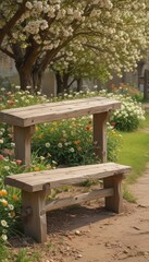Fototapeta premium Aged wooden bench before a grave, delicate blossoms above Serene earth tones , background, spring