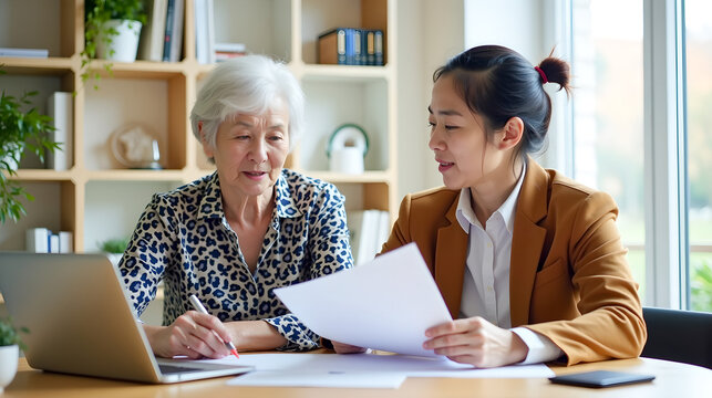 Senior woman having supportive consultation with female advisor at home
