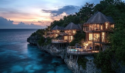 Obraz premium Cliffside luxury villas with thatched roofs, private pools, and ocean views at sunset