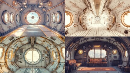 Four futuristic spaceship interior scenes.